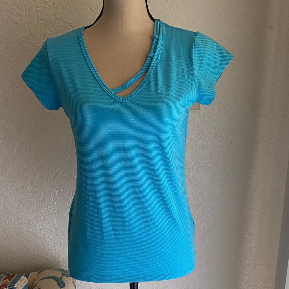 Elegant Blue Stretchy V-Neck Tee with Strap Detail